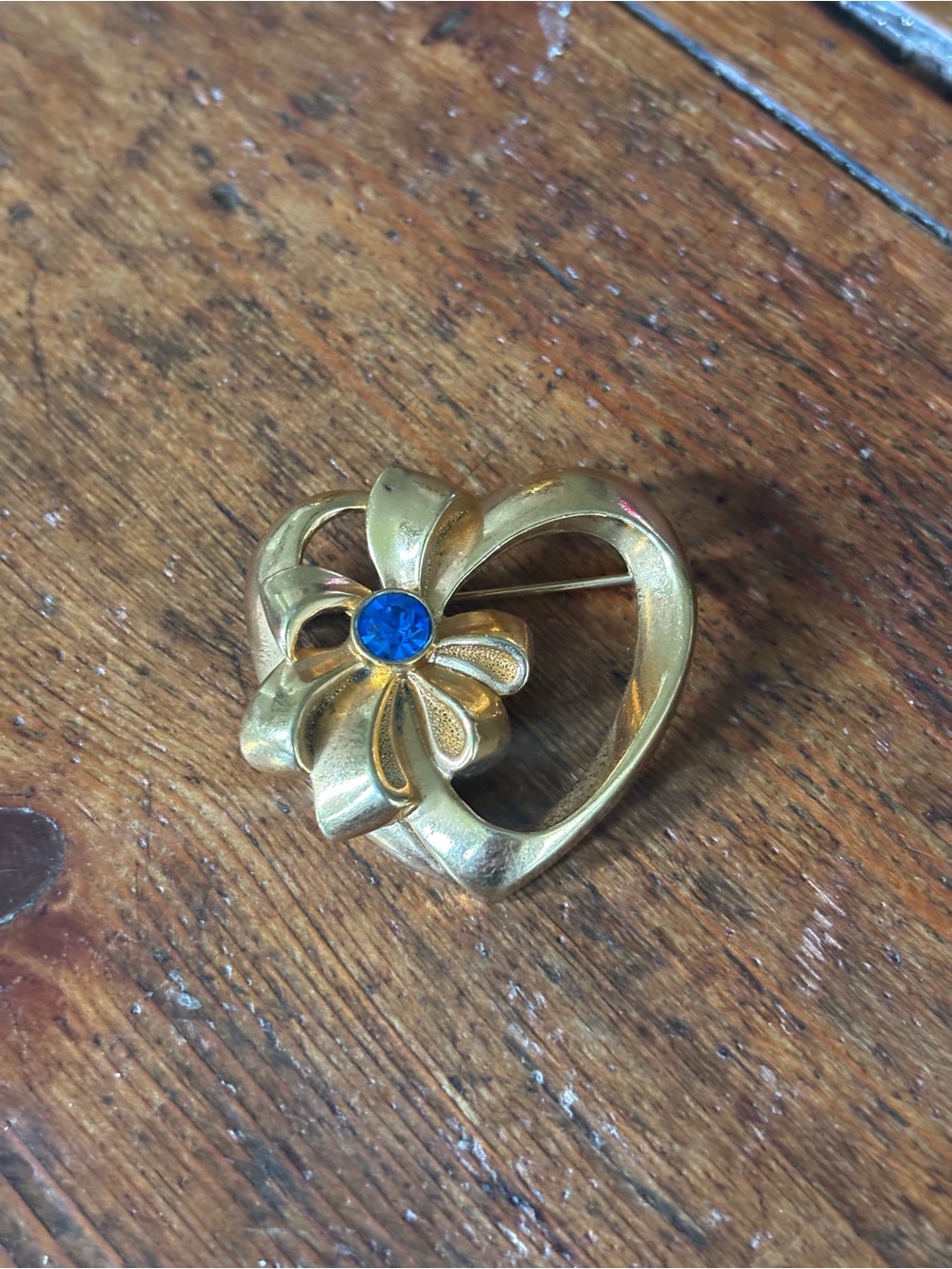 Gold-Tone Heart Brooch with Blue Stone Accent